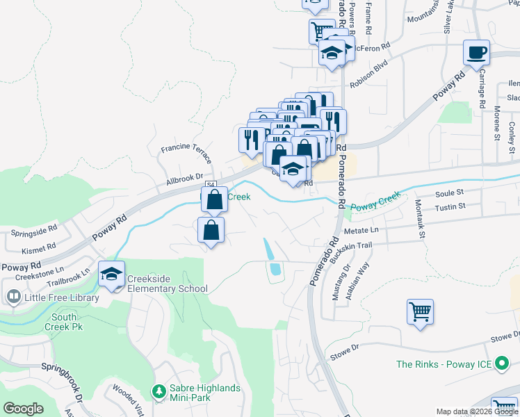 map of restaurants, bars, coffee shops, grocery stores, and more near 12805 Beeler Creek Trail in Poway