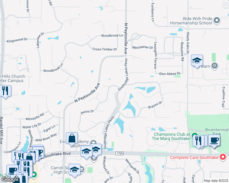 map of restaurants, bars, coffee shops, grocery stores, and more near 1703 Pecos Drive in Southlake