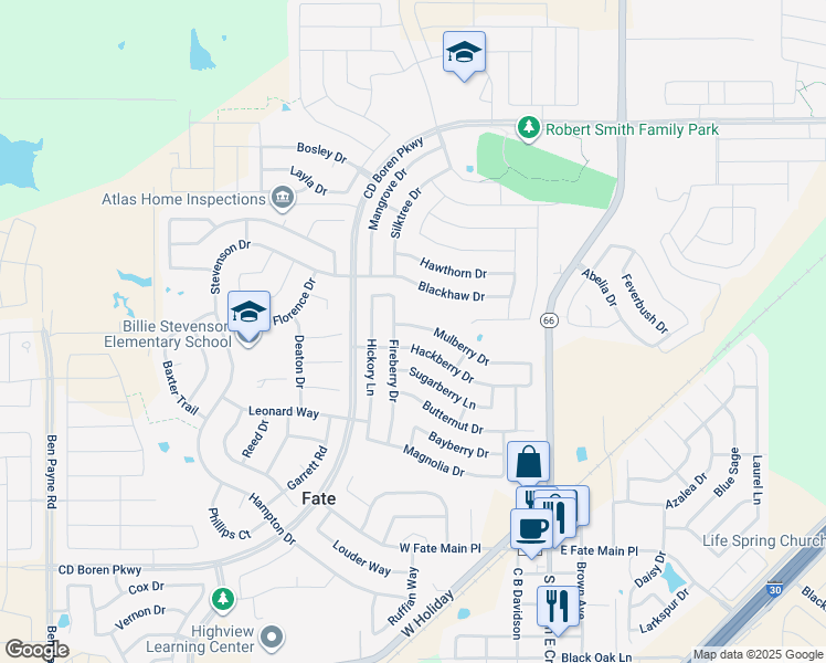 map of restaurants, bars, coffee shops, grocery stores, and more near 330 Mulberry Drive in Rockwall