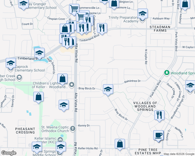 map of restaurants, bars, coffee shops, grocery stores, and more near 4848 Carrotwood Drive in Fort Worth
