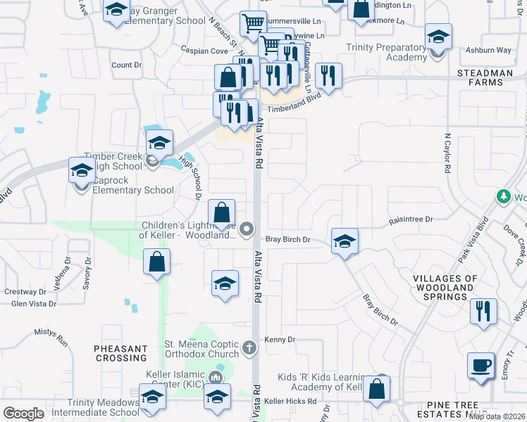 map of restaurants, bars, coffee shops, grocery stores, and more near 12129 Angelfood Lane in Fort Worth