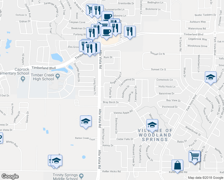 map of restaurants, bars, coffee shops, grocery stores, and more near 12136 Toffee Street in Fort Worth