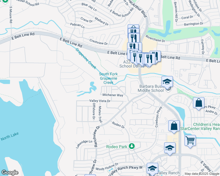 map of restaurants, bars, coffee shops, grocery stores, and more near 10553 Chaucer Hill Lane in Irving