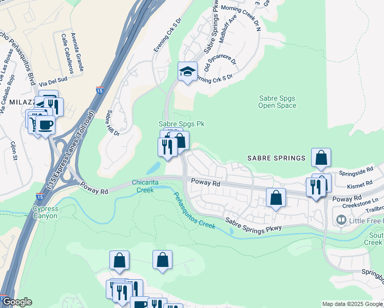 map of restaurants, bars, coffee shops, grocery stores, and more near 12695 Sabre Springs Parkway in San Diego