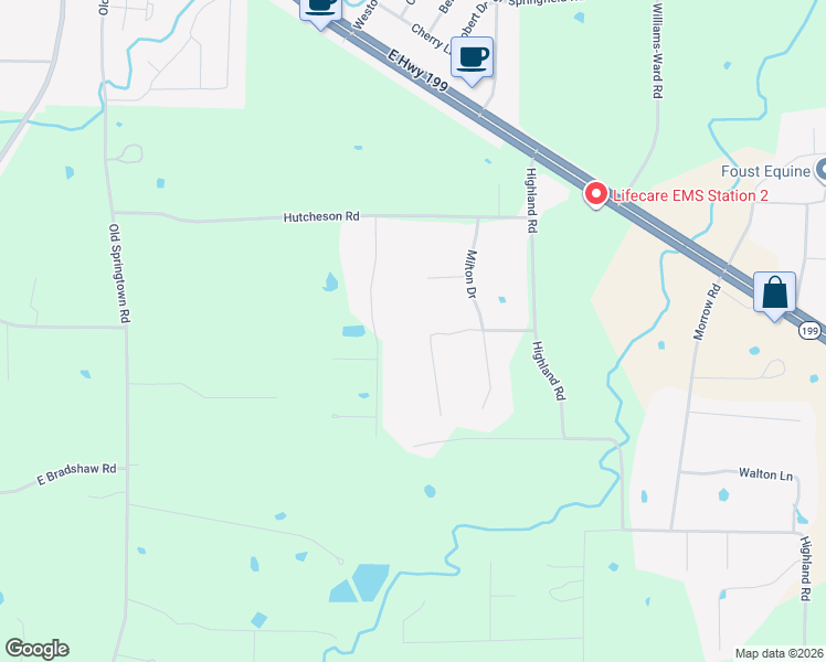map of restaurants, bars, coffee shops, grocery stores, and more near 128 Howard Newby Lane in Springtown