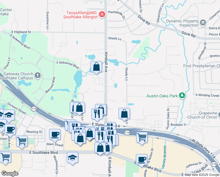 map of restaurants, bars, coffee shops, grocery stores, and more near 2202 Cotswold Valley Court in Southlake