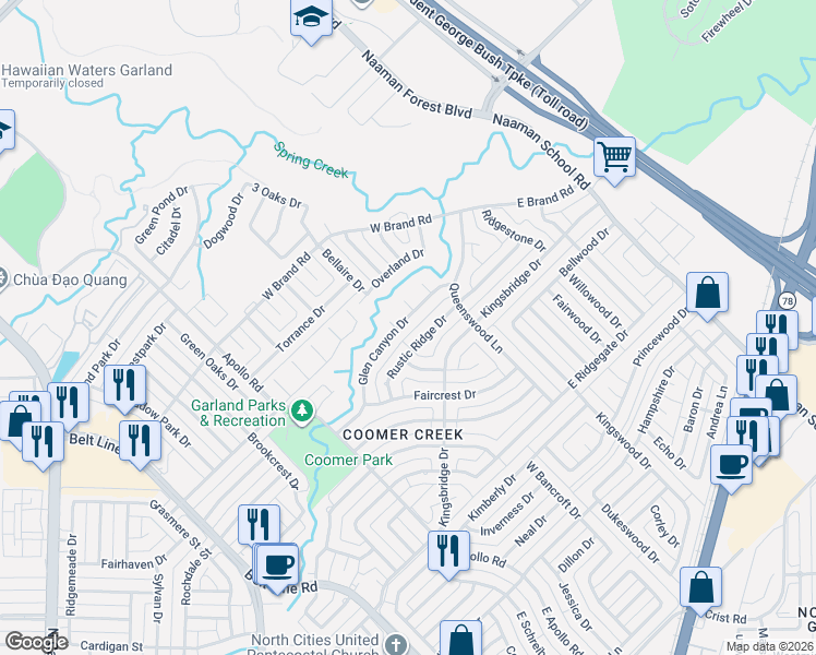 map of restaurants, bars, coffee shops, grocery stores, and more near 3702 Dandridge Circle in Garland