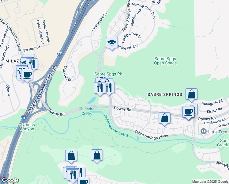 map of restaurants, bars, coffee shops, grocery stores, and more near 12695 Sabre Springs Parkway in San Diego