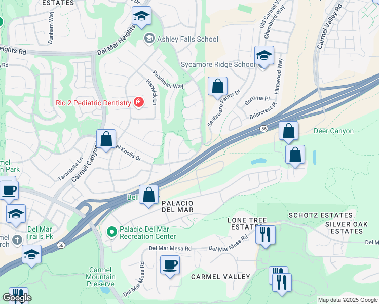 map of restaurants, bars, coffee shops, grocery stores, and more near 5148 Vail Creek Court in San Diego