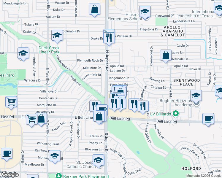map of restaurants, bars, coffee shops, grocery stores, and more near 3542 Post Oak Road in Garland