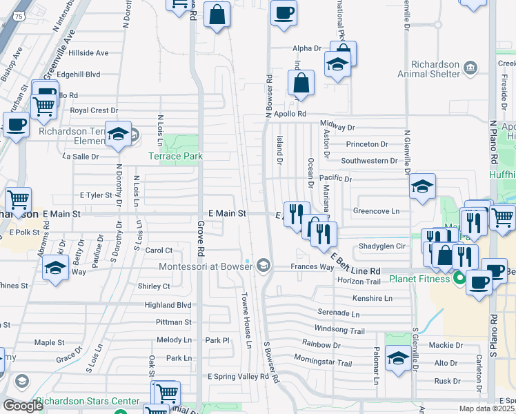 map of restaurants, bars, coffee shops, grocery stores, and more near 111 North Bowser Road in Richardson