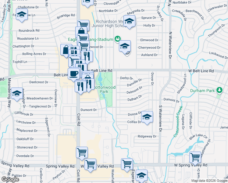 map of restaurants, bars, coffee shops, grocery stores, and more near 305 Dublin Drive in Richardson