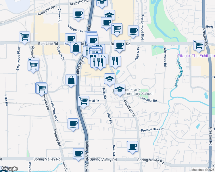 map of restaurants, bars, coffee shops, grocery stores, and more near 5225 Verde Valley Lane in Dallas