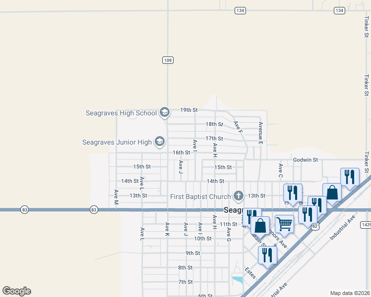 map of restaurants, bars, coffee shops, grocery stores, and more near 901-917 17th Street in Seagraves