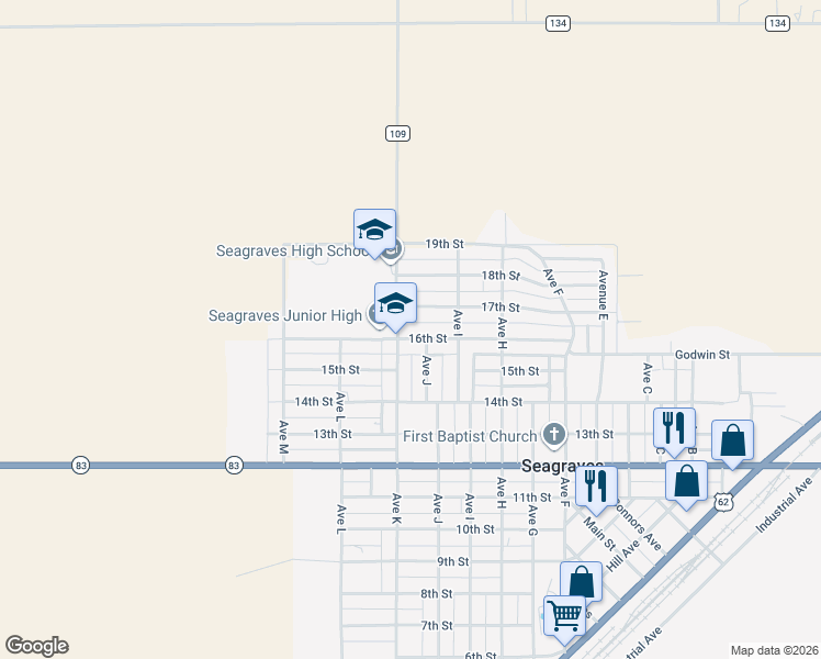 map of restaurants, bars, coffee shops, grocery stores, and more near 1101-1129 16th Street in Seagraves