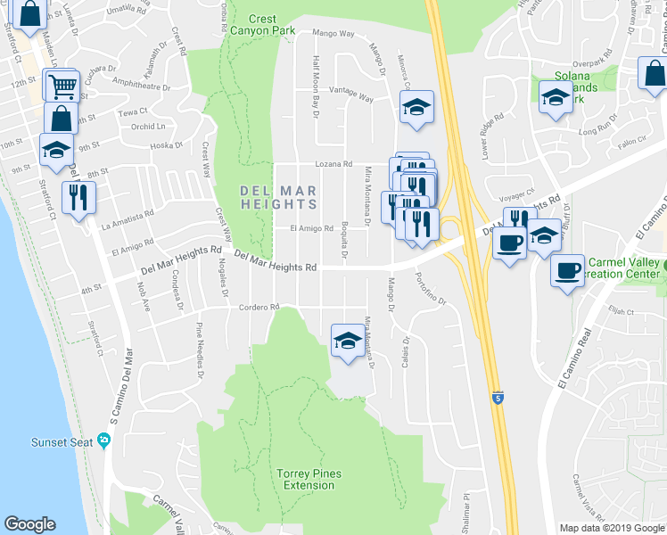 map of restaurants, bars, coffee shops, grocery stores, and more near Del Mar Heights Road in Del Mar