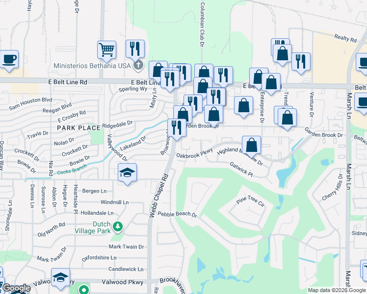 map of restaurants, bars, coffee shops, grocery stores, and more near 3165 Golden Oak Court in Farmers Branch