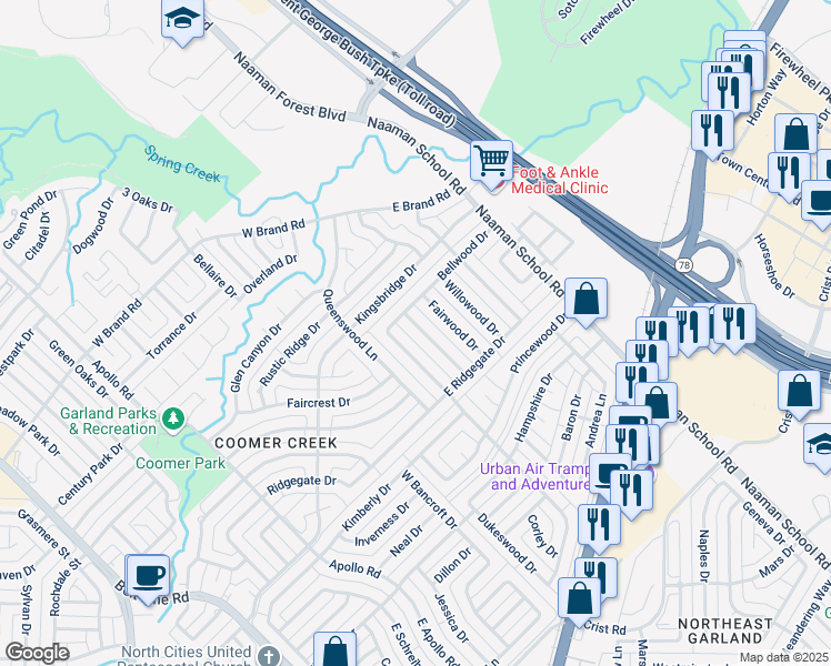 map of restaurants, bars, coffee shops, grocery stores, and more near 3217 Meadowood Drive in Garland