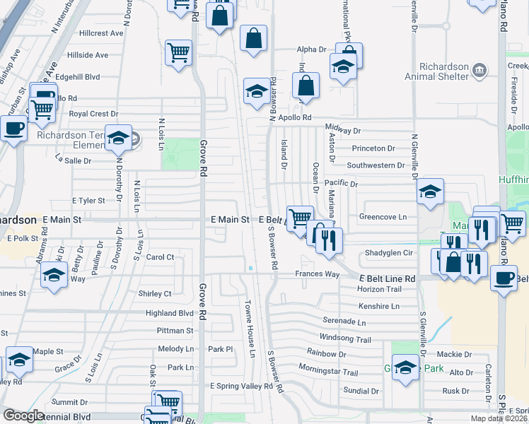 map of restaurants, bars, coffee shops, grocery stores, and more near 101 North Bowser Road in Richardson