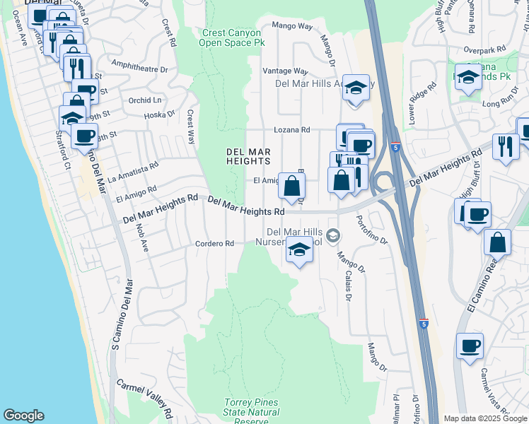 map of restaurants, bars, coffee shops, grocery stores, and more near 2402 Del Mar Heights Road in Del Mar