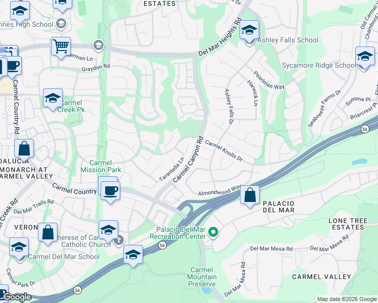 map of restaurants, bars, coffee shops, grocery stores, and more near 4815 Tarantella Lane in San Diego