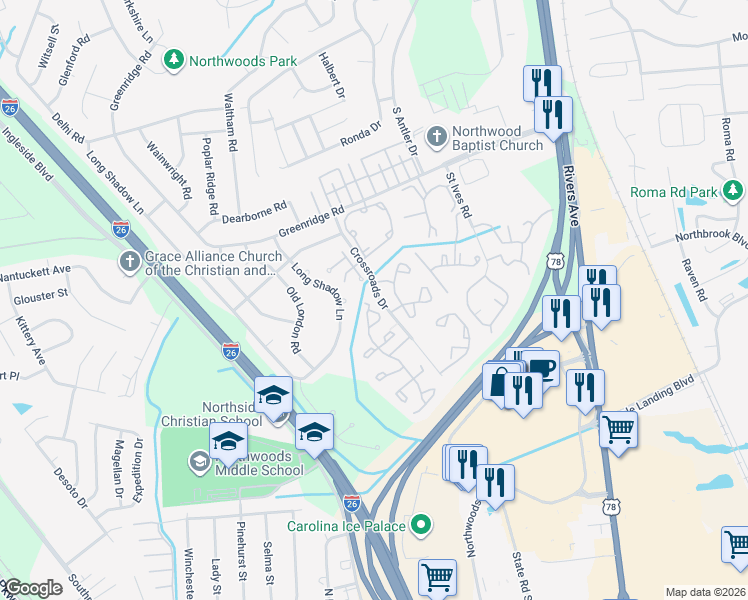 map of restaurants, bars, coffee shops, grocery stores, and more near 8152 Shadow Oak Drive in North Charleston