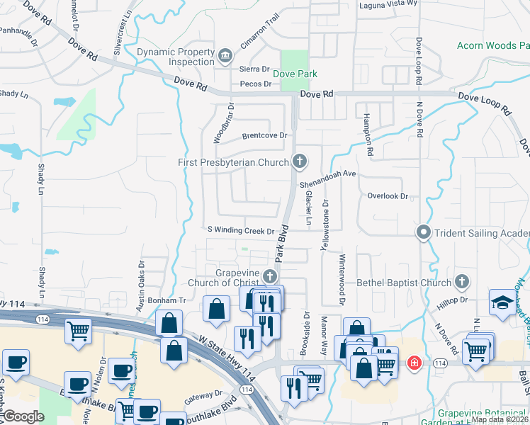 map of restaurants, bars, coffee shops, grocery stores, and more near 2105 Aspenwood Drive North in Grapevine