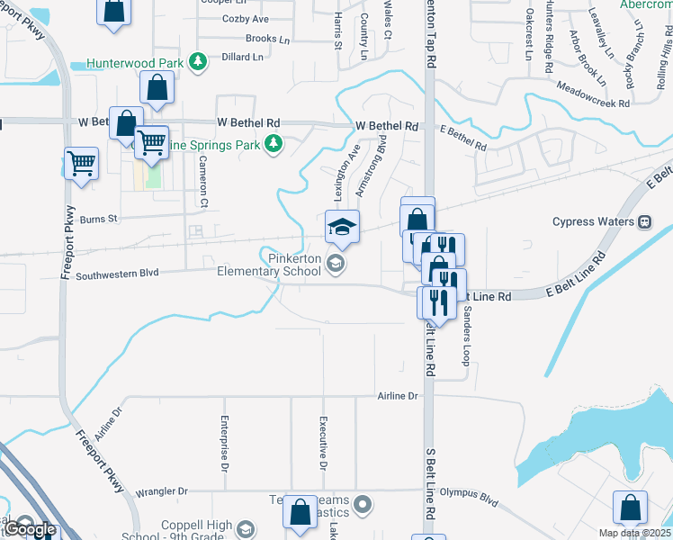 map of restaurants, bars, coffee shops, grocery stores, and more near 260 Southwestern Boulevard in Coppell