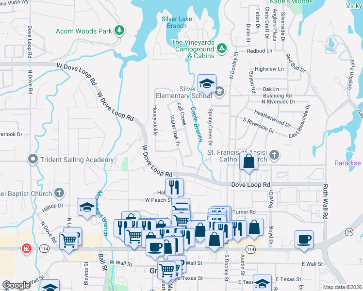 map of restaurants, bars, coffee shops, grocery stores, and more near 905 Fall Creek in Grapevine