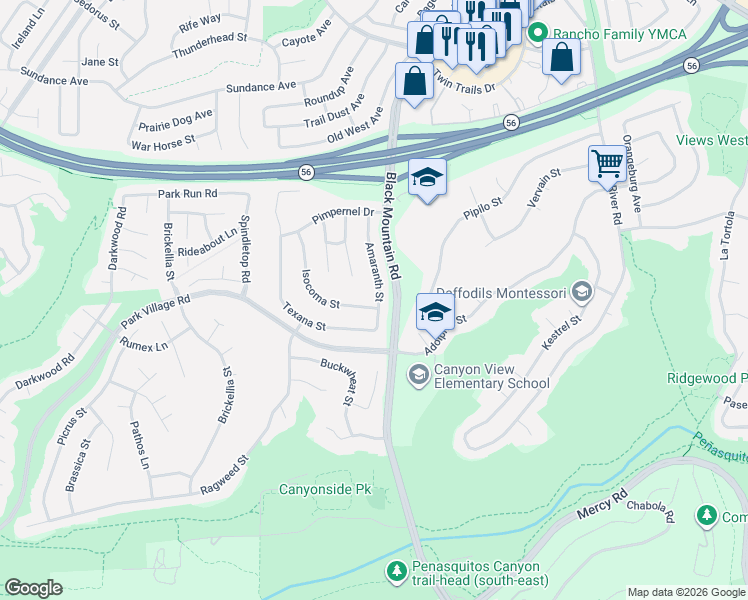 map of restaurants, bars, coffee shops, grocery stores, and more near 12782 Amaranth Street in San Diego