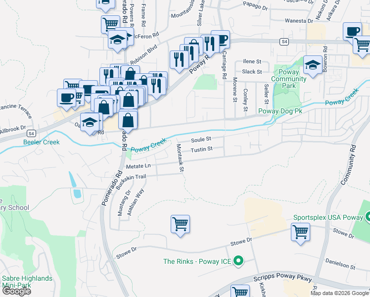 map of restaurants, bars, coffee shops, grocery stores, and more near 12608 Tustin Street in Poway
