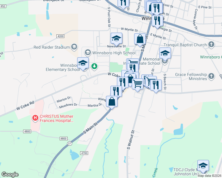 map of restaurants, bars, coffee shops, grocery stores, and more near 809 Mark Trail in Winnsboro