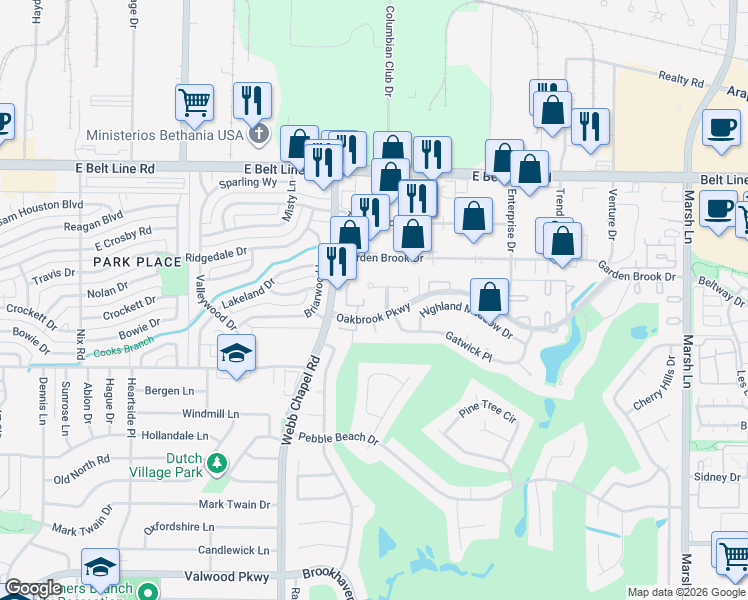 map of restaurants, bars, coffee shops, grocery stores, and more near 3177 Golden Oak in Farmers Branch