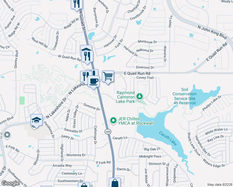 map of restaurants, bars, coffee shops, grocery stores, and more near 126 Bob White Court in Rockwall