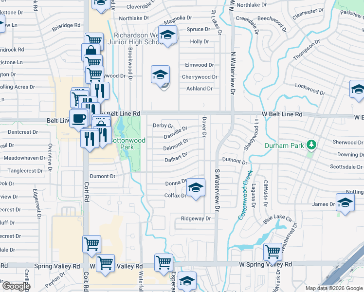 map of restaurants, bars, coffee shops, grocery stores, and more near 1227 Delmont Drive in Richardson