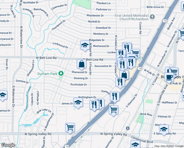 map of restaurants, bars, coffee shops, grocery stores, and more near 100 South Floyd Road in Richardson