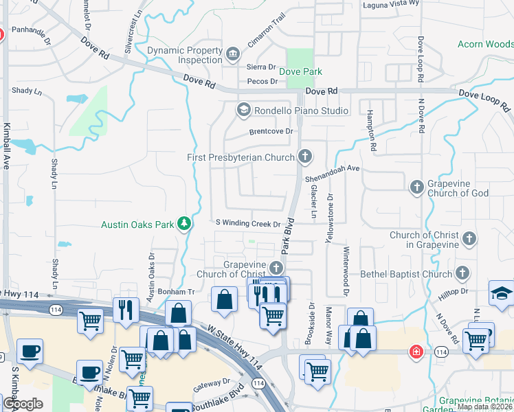 map of restaurants, bars, coffee shops, grocery stores, and more near 2128 Steeplewood Drive in Grapevine