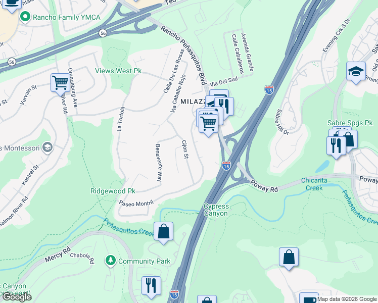 map of restaurants, bars, coffee shops, grocery stores, and more near 12747 Cijon Street in San Diego