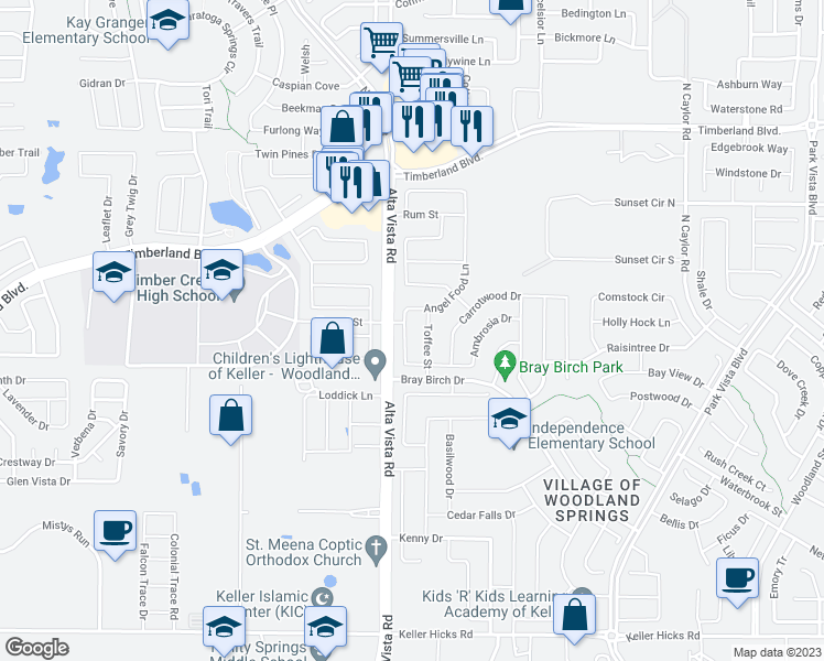 map of restaurants, bars, coffee shops, grocery stores, and more near 12132 Angel Food Lane in Fort Worth