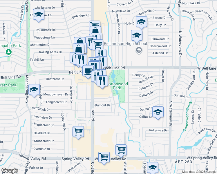 map of restaurants, bars, coffee shops, grocery stores, and more near 300 South Cottonwood Drive in Richardson