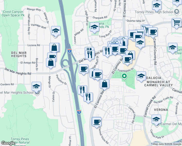 map of restaurants, bars, coffee shops, grocery stores, and more near 12707 High Bluff Drive in San Diego