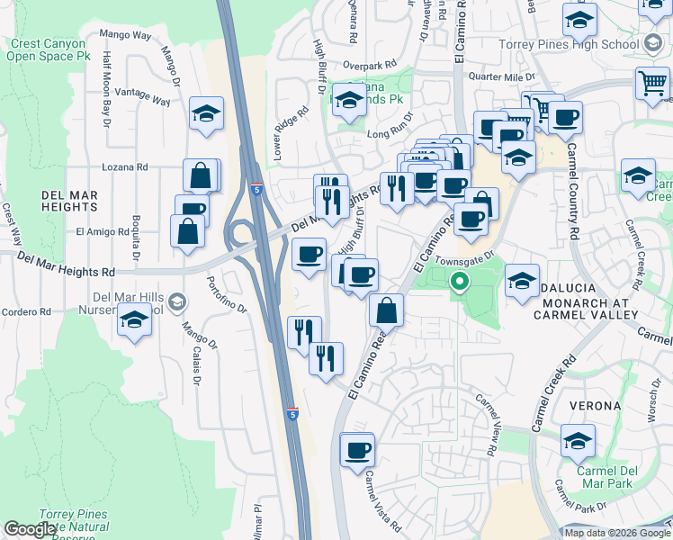 map of restaurants, bars, coffee shops, grocery stores, and more near 12707 High Bluff Drive in San Diego