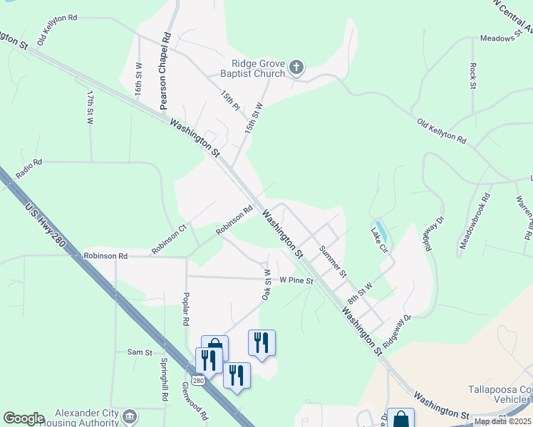map of restaurants, bars, coffee shops, grocery stores, and more near 101 13th Street West in Alexander City
