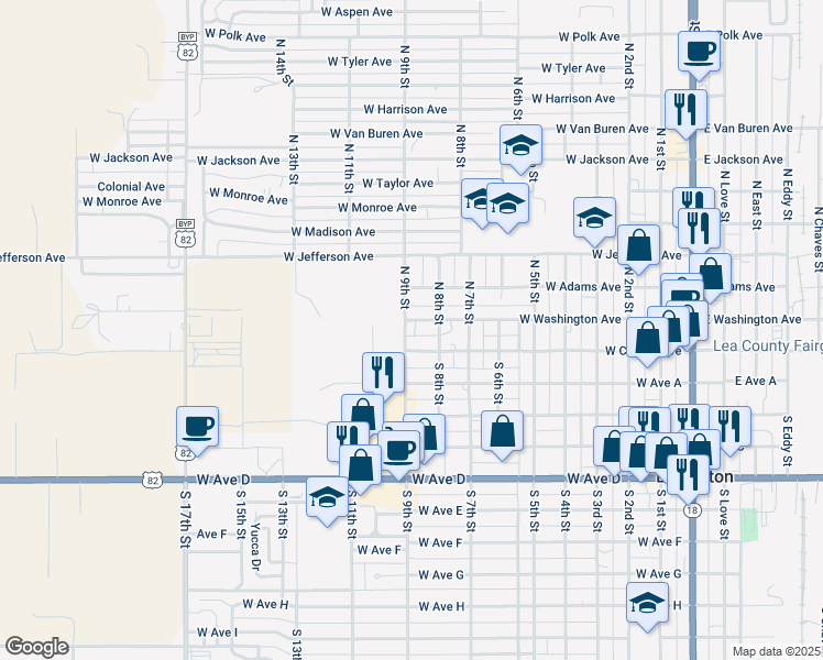 map of restaurants, bars, coffee shops, grocery stores, and more near 809 West Washington Avenue in Lovington