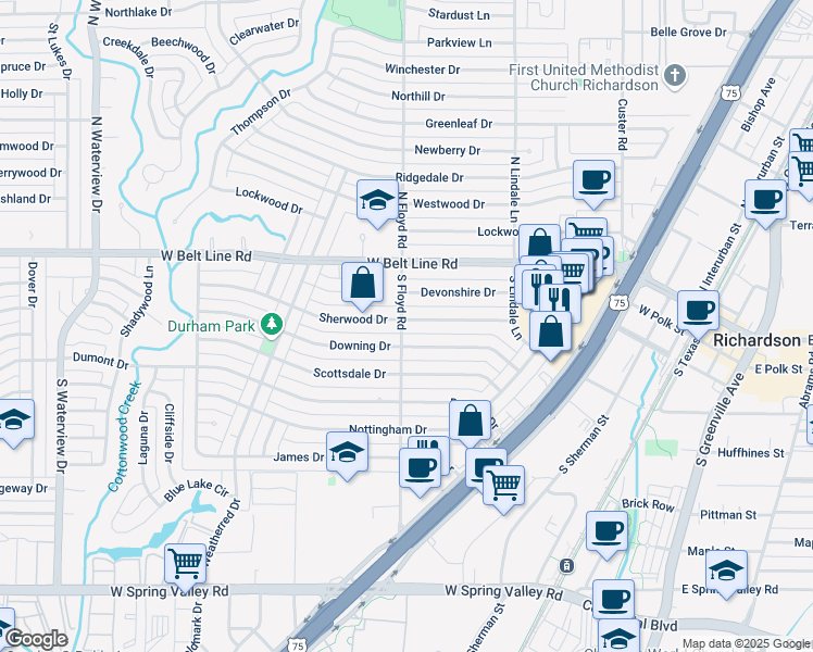 map of restaurants, bars, coffee shops, grocery stores, and more near 100 South Floyd Road in Richardson