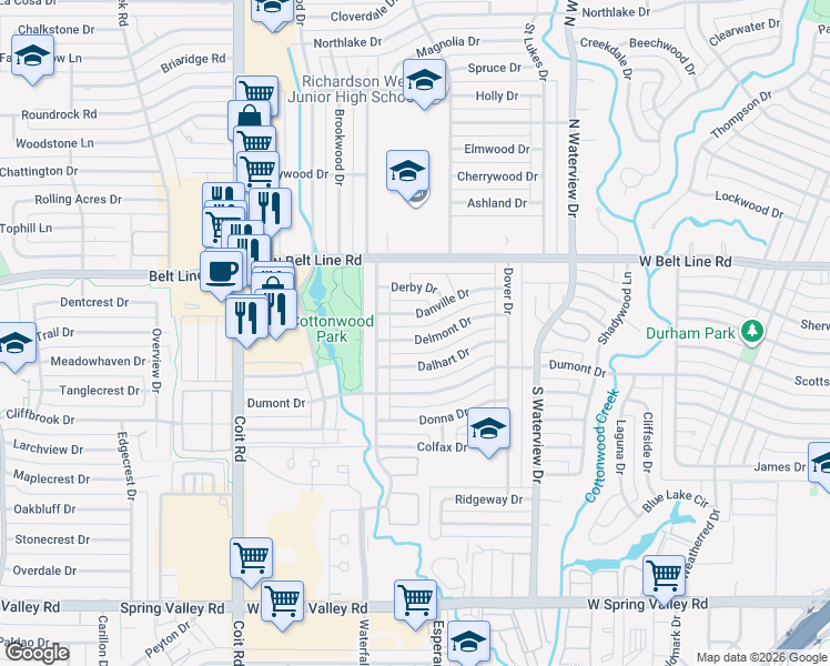 map of restaurants, bars, coffee shops, grocery stores, and more near 1243 Danville Drive in Richardson