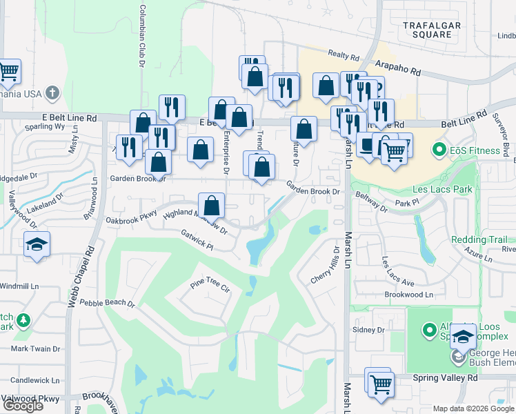 map of restaurants, bars, coffee shops, grocery stores, and more near Oakbrook Parkway in Farmers Branch