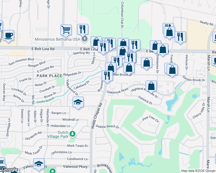 map of restaurants, bars, coffee shops, grocery stores, and more near 3165 Golden Oak Court in Farmers Branch
