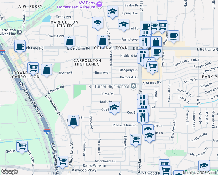 map of restaurants, bars, coffee shops, grocery stores, and more near 1720 East Crosby Road in Carrollton