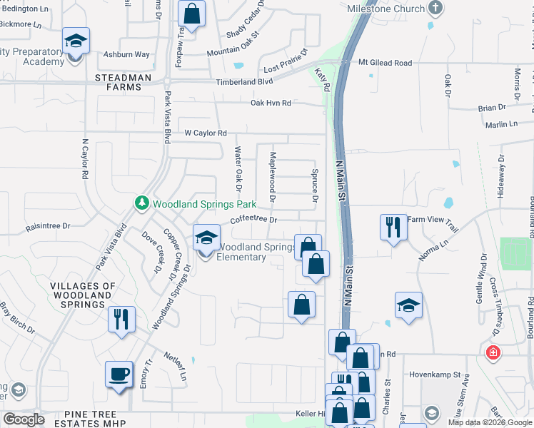 map of restaurants, bars, coffee shops, grocery stores, and more near 5624 English Oak Drive in Fort Worth
